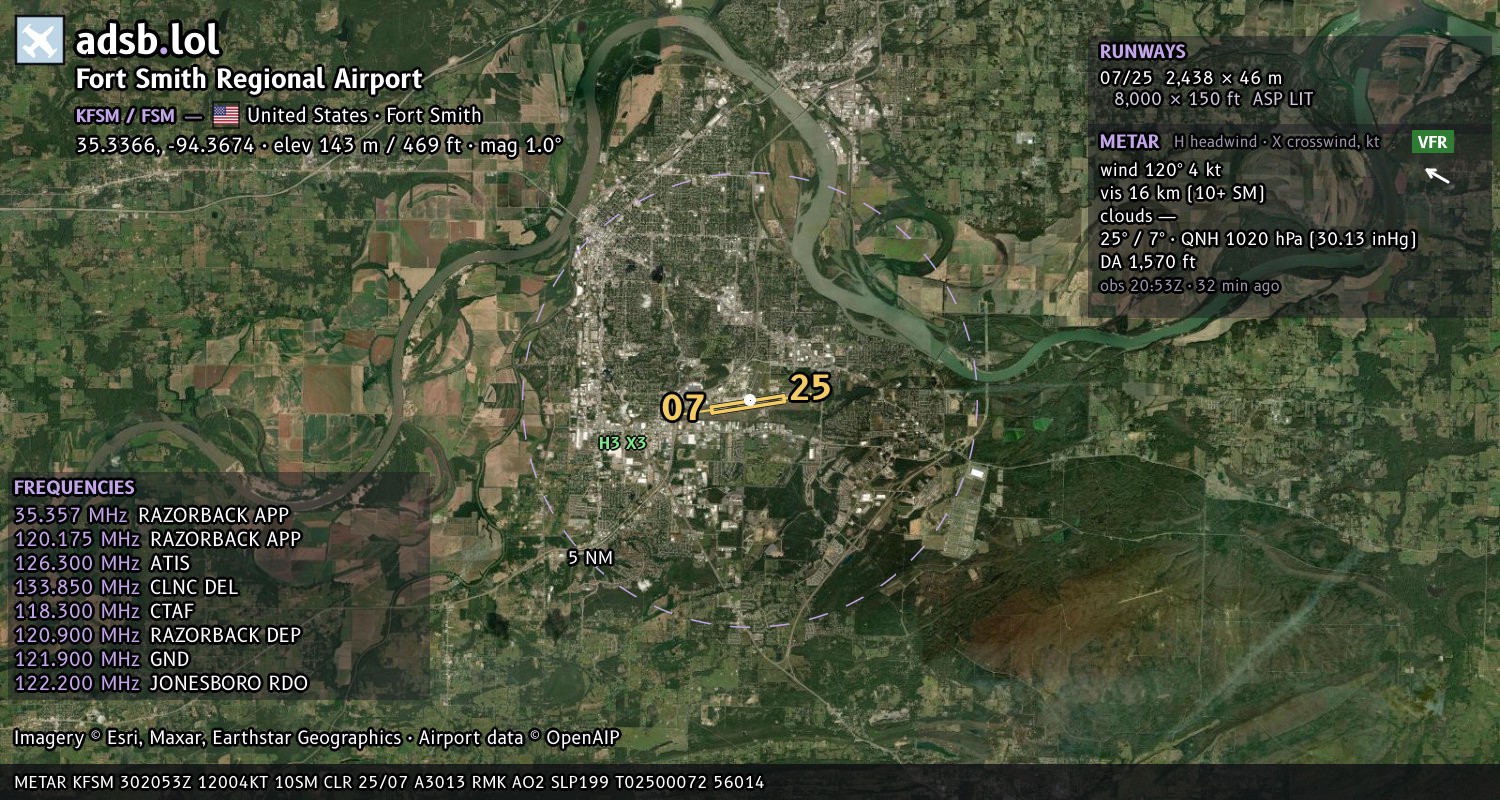 Satellite map with the runway layout of Fort Smith Regional Airport (KFSM)