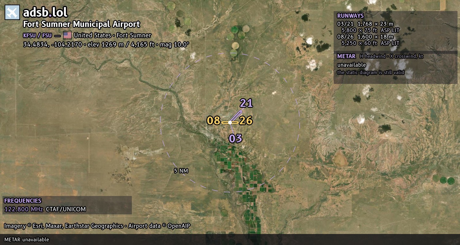 Satellite map with the runway layout of Fort Sumner Municipal Airport (KFSU)