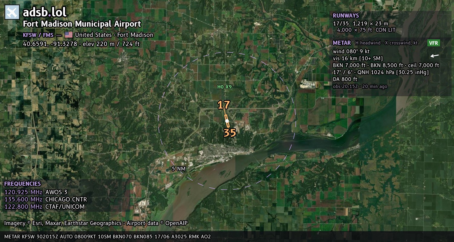 Satellite map with the runway layout of Fort Madison Municipal Airport (KFSW)