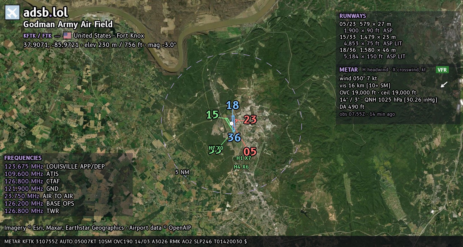 Satellite map with the runway layout of Godman Army Air Field (KFTK)