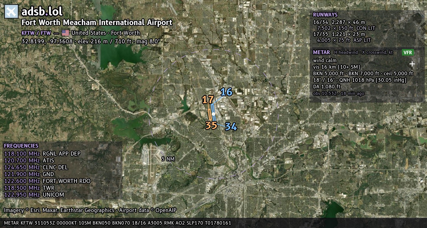 Satellite map with the runway layout of Fort Worth Meacham International Airport (KFTW)