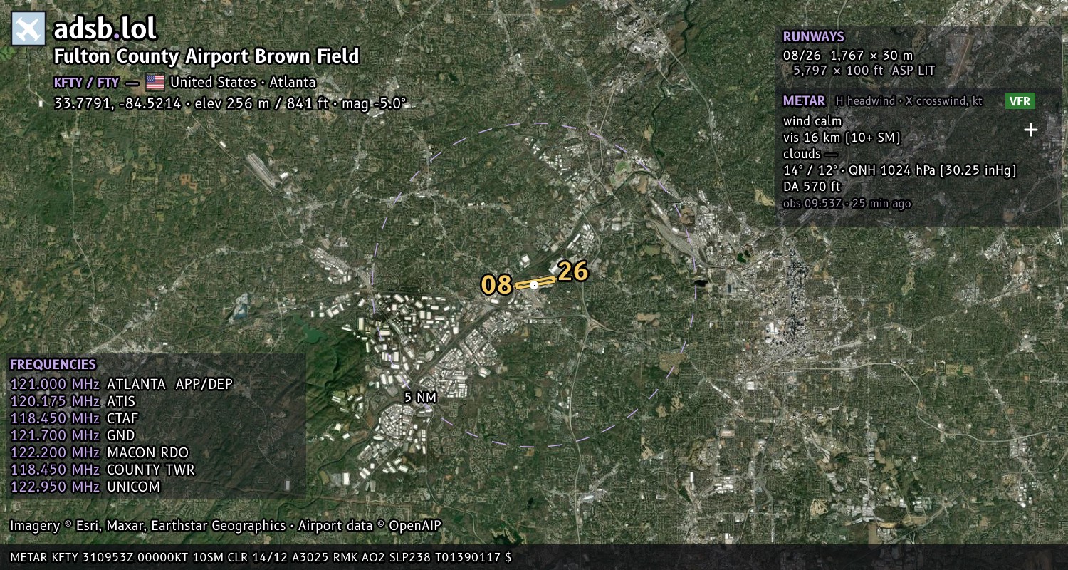 Satellite map with the runway layout of Fulton County Airport Brown Field (KFTY)