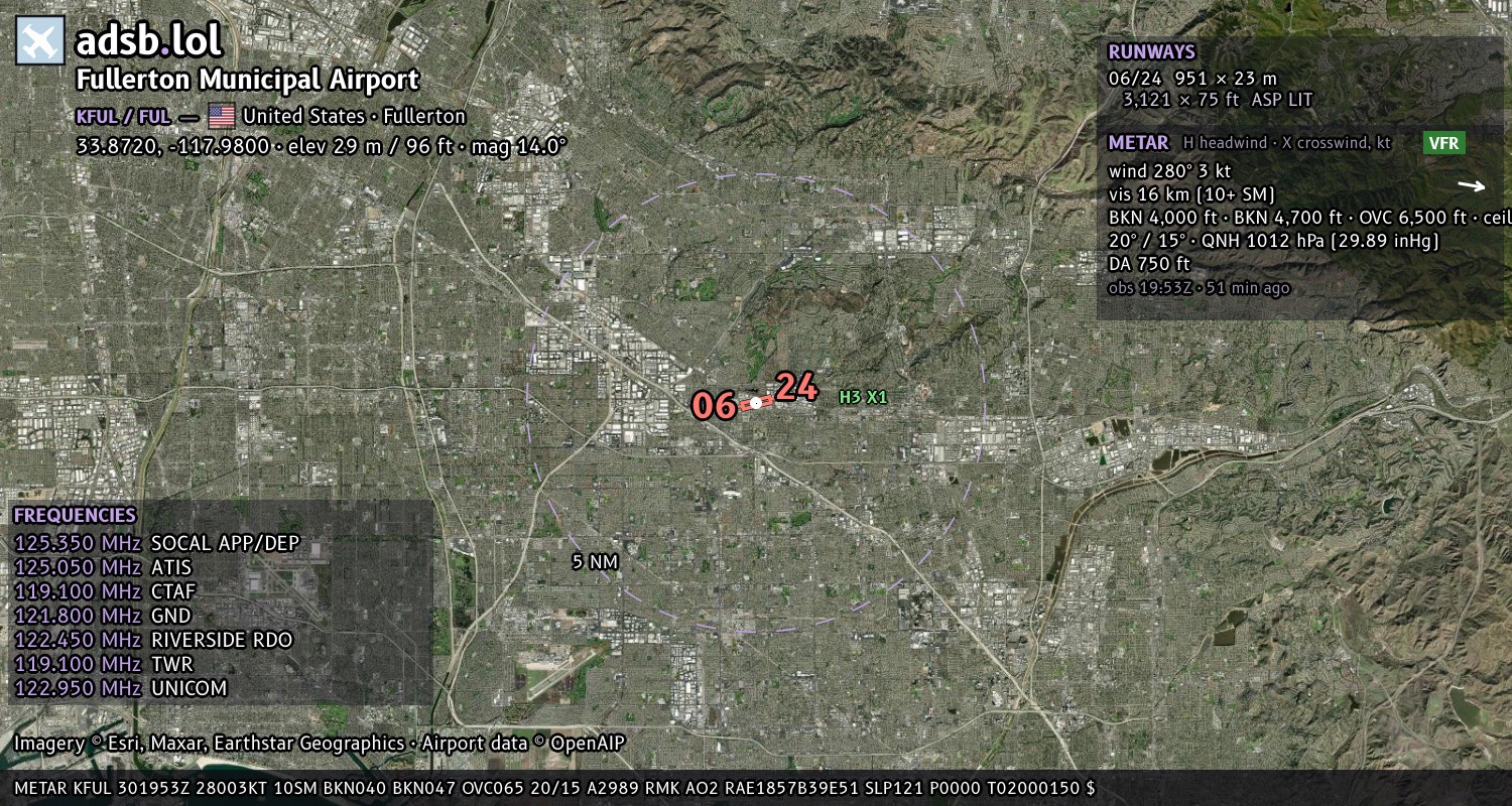 Satellite map with the runway layout of Fullerton Municipal Airport (KFUL)