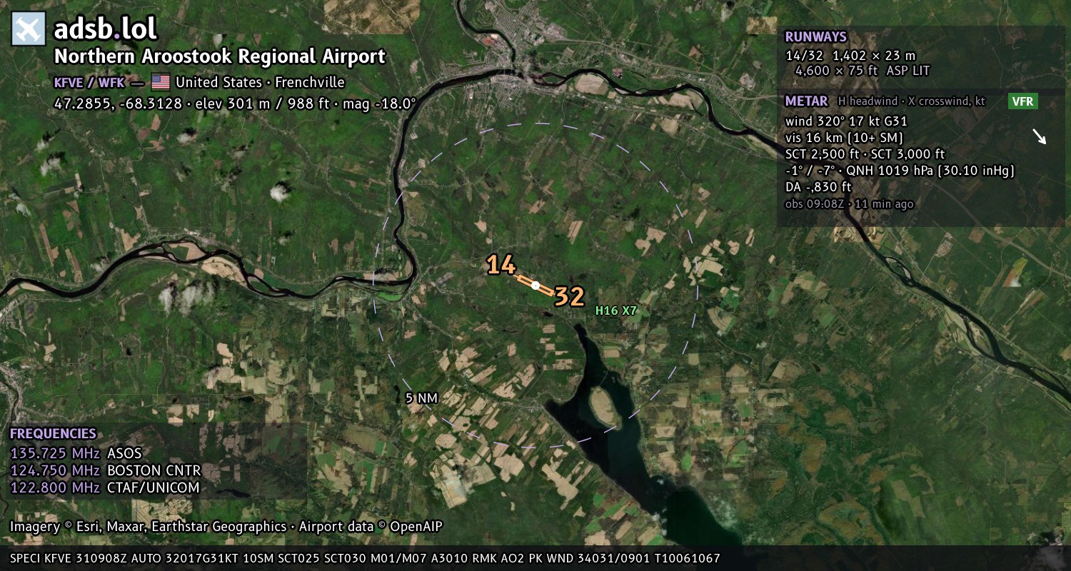 Satellite map with the runway layout of Northern Aroostook Regional Airport (KFVE)