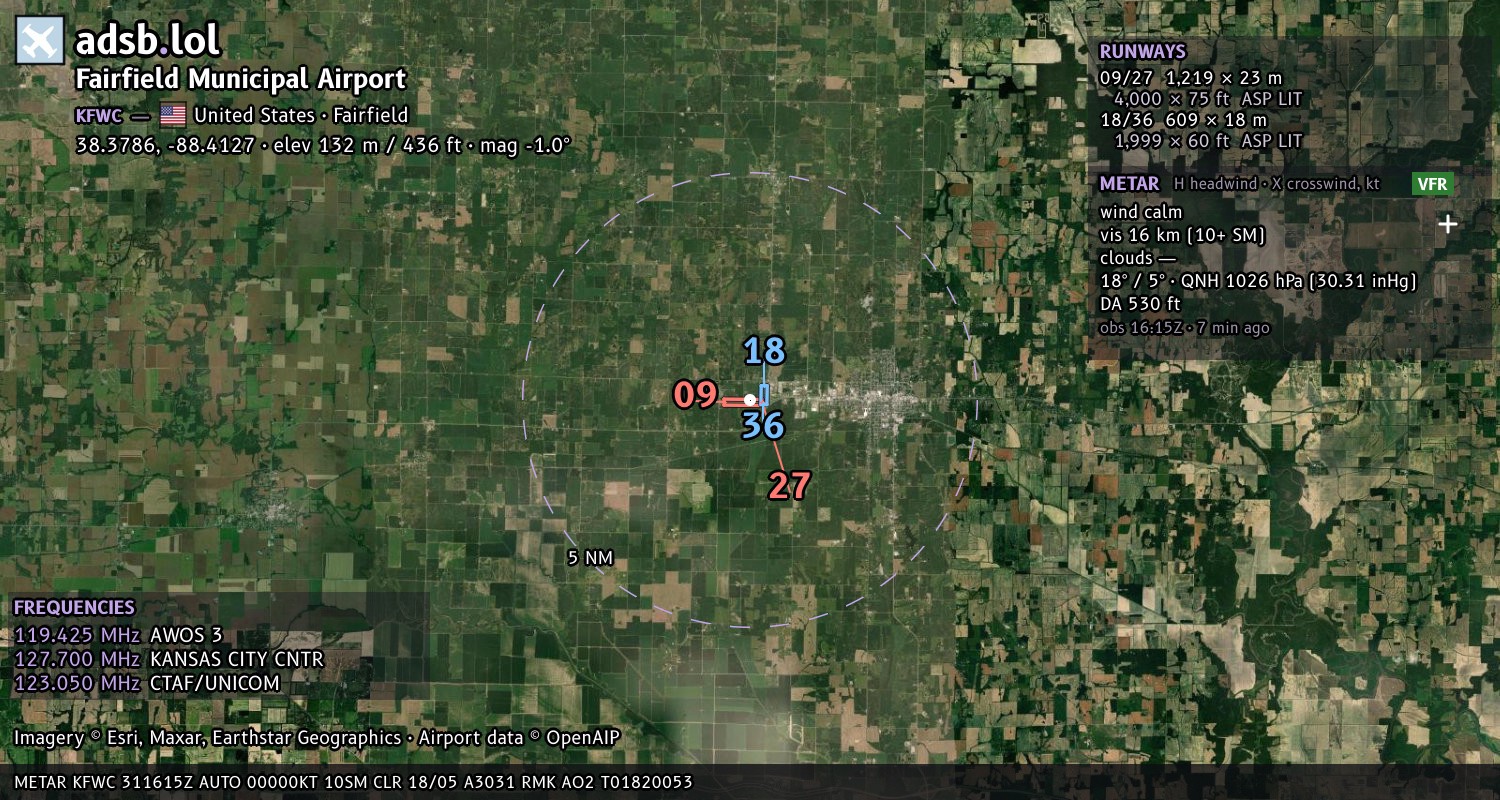 Satellite map with the runway layout of Fairfield Municipal Airport (KFWC)