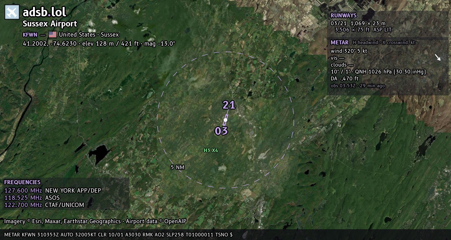 Satellite map with the runway layout of Sussex Airport (KFWN)