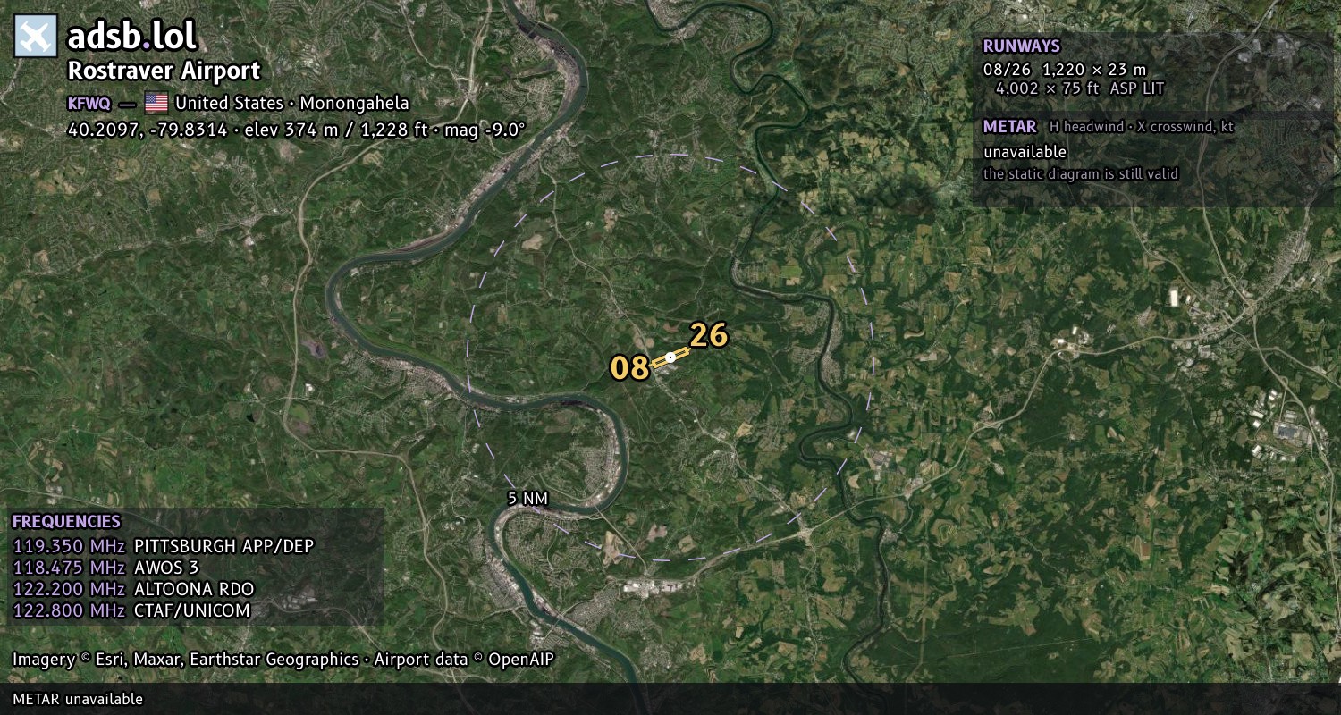Satellite map with the runway layout of Rostraver Airport (KFWQ)