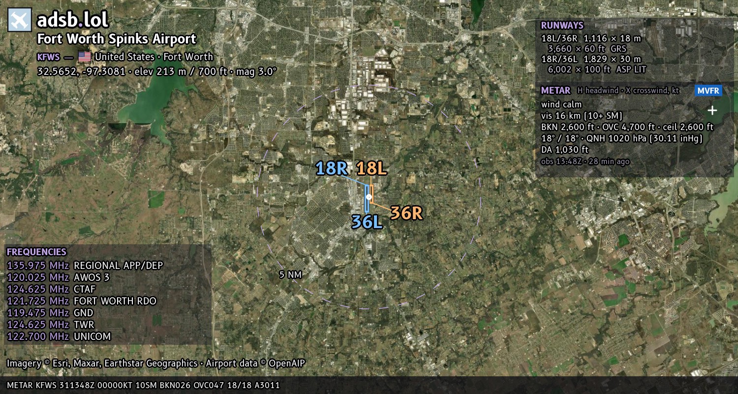 Satellite map with the runway layout of Fort Worth Spinks Airport (KFWS)