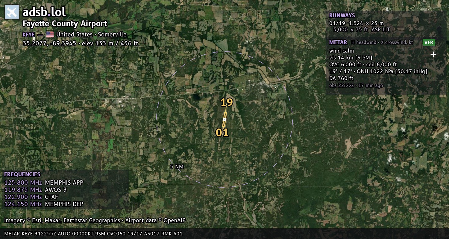 Satellite map with the runway layout of Fayette County Airport (KFYE)