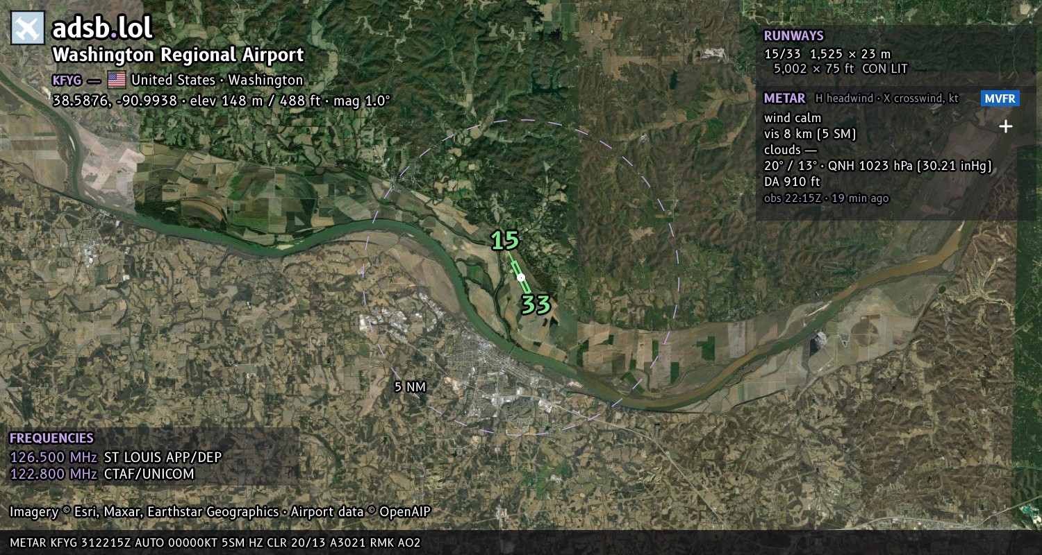Satellite map with the runway layout of Washington Regional Airport (KFYG)
