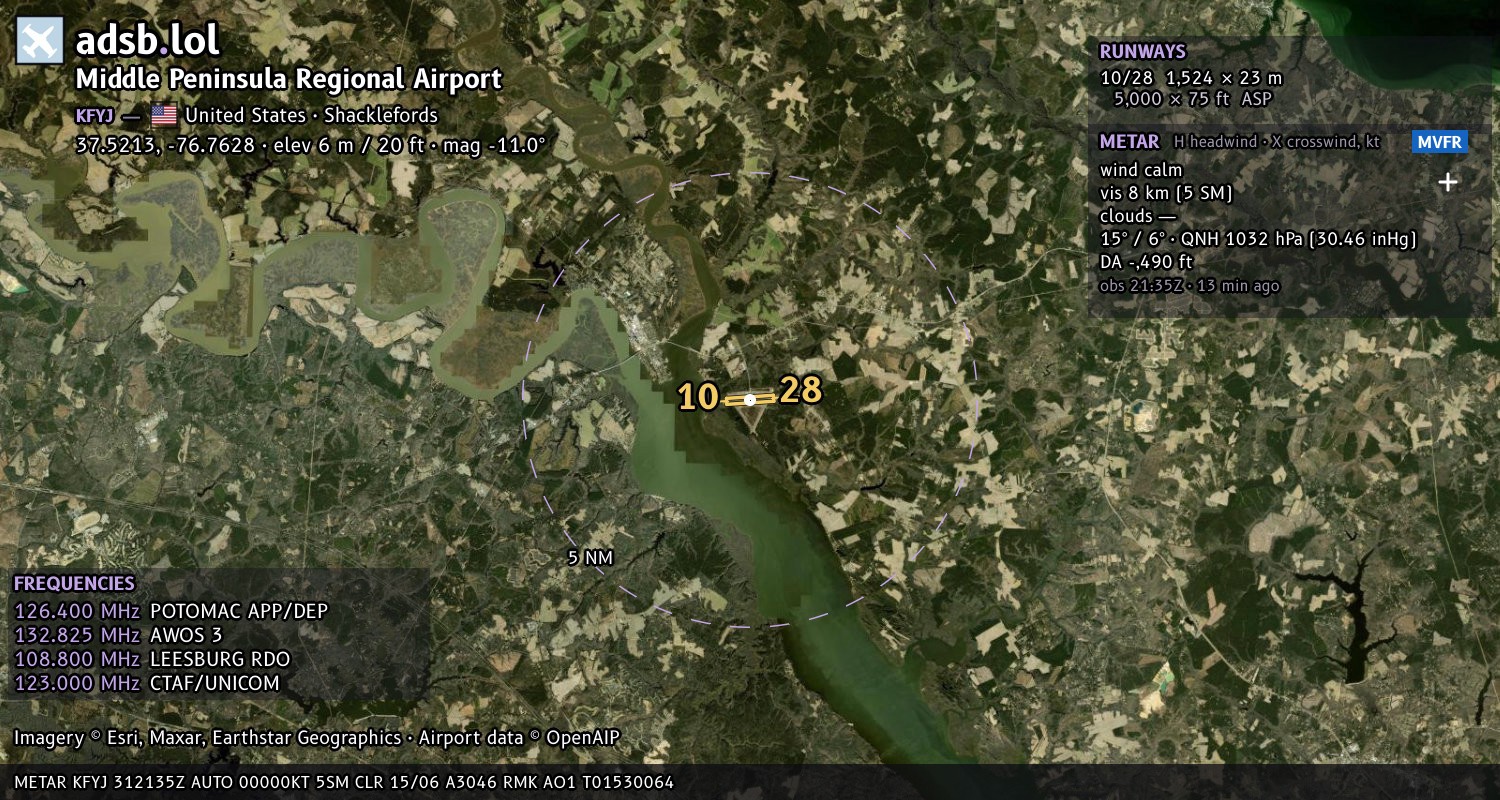 Satellite map with the runway layout of Middle Peninsula Regional Airport (KFYJ)