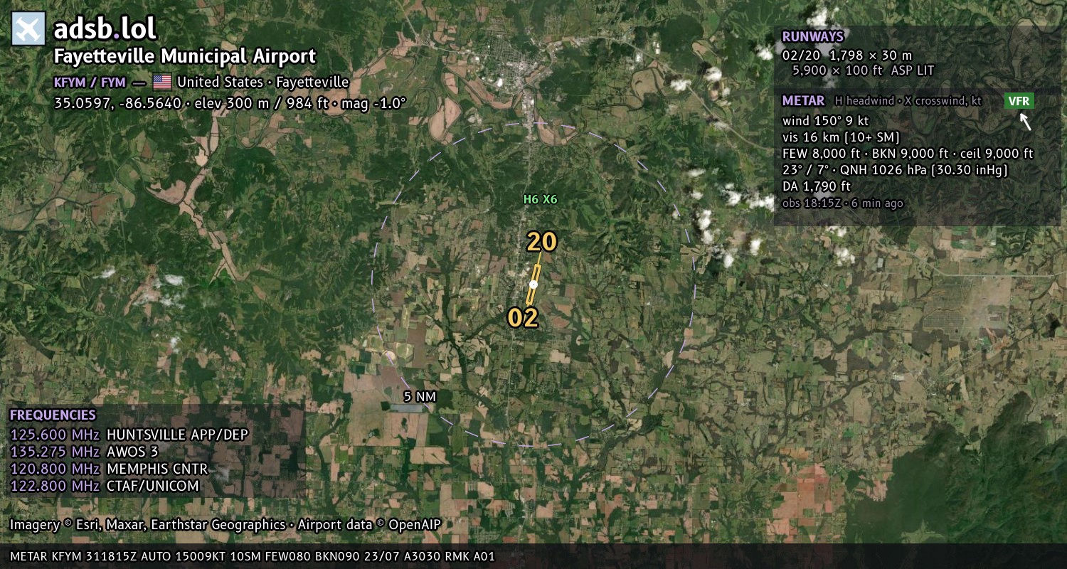 Satellite map with the runway layout of Fayetteville Municipal Airport (KFYM)