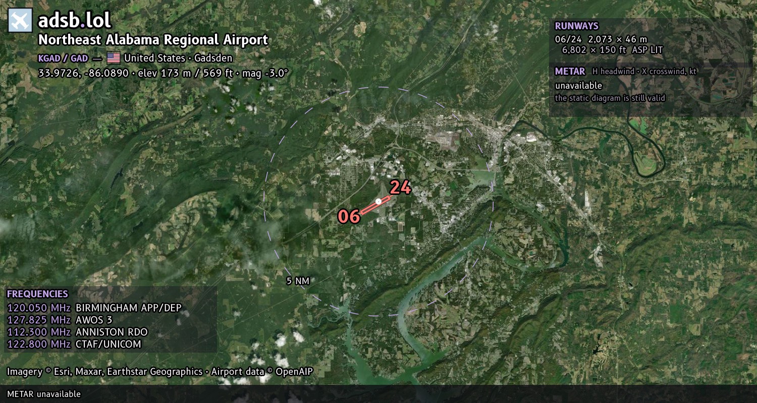 Satellite map with the runway layout of Northeast Alabama Regional Airport (KGAD)