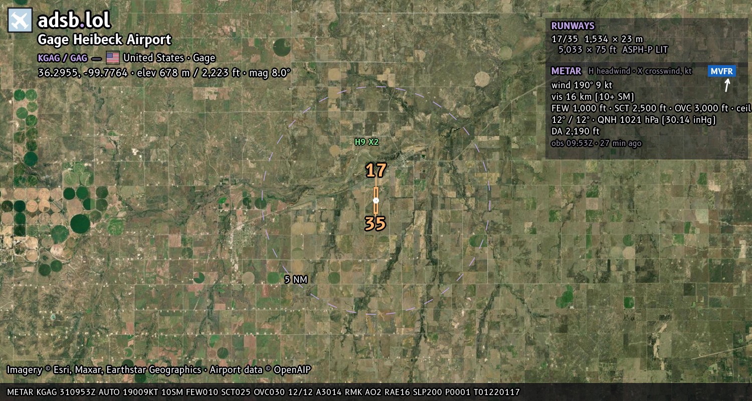 Satellite map with the runway layout of Gage Heibeck Airport (KGAG)