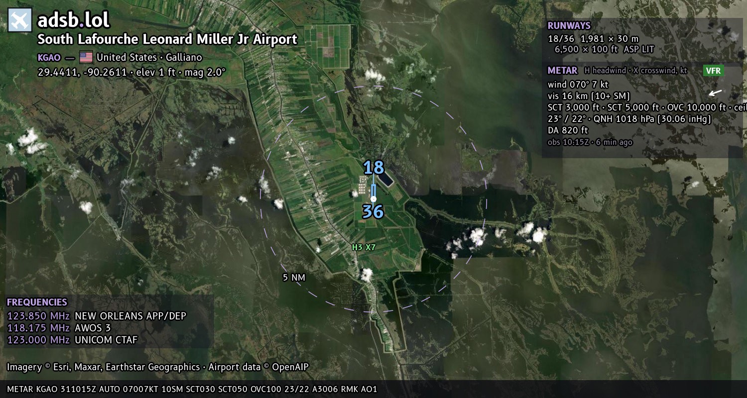 Satellite map with the runway layout of South Lafourche Leonard Miller Jr Airport (KGAO)