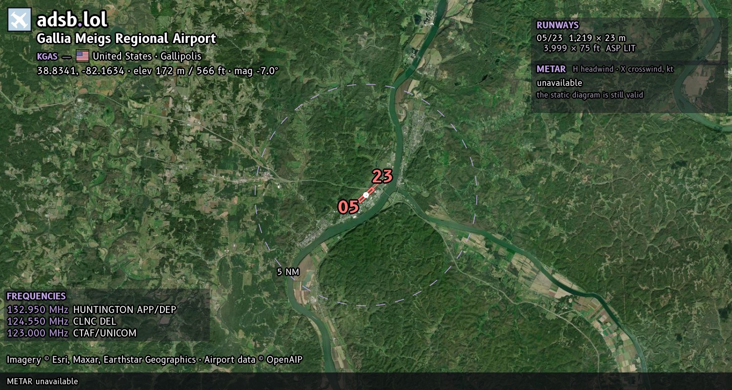 Satellite map with the runway layout of Gallia Meigs Regional Airport (KGAS)
