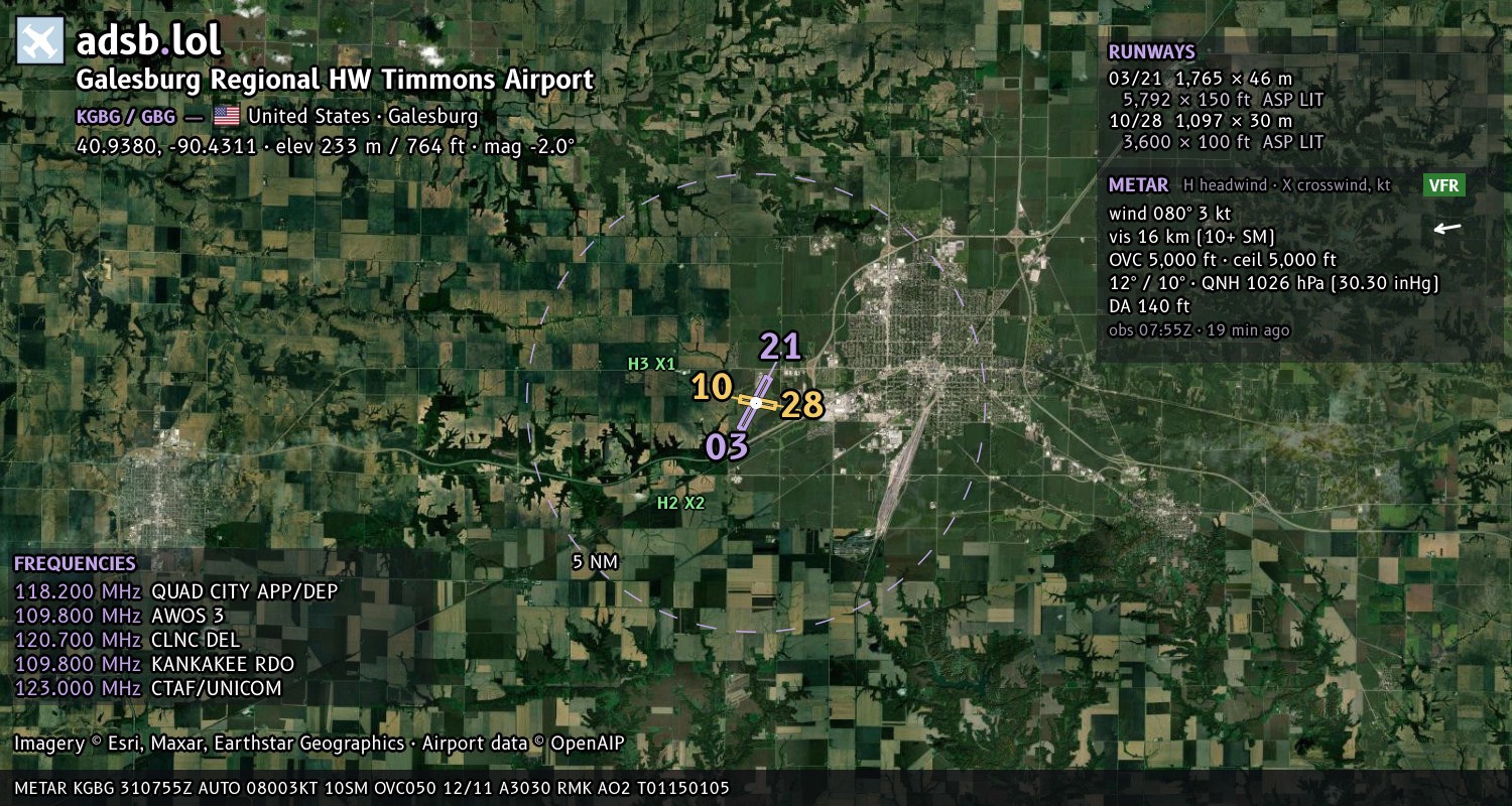 Satellite map with the runway layout of Galesburg Regional HW Timmons  Airport (KGBG)