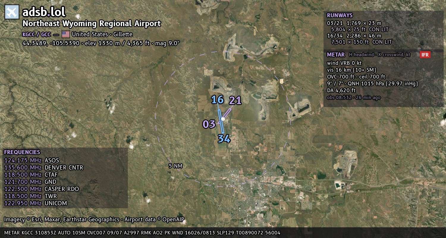 Satellite map with the runway layout of Northeast Wyoming Regional Airport (KGCC)