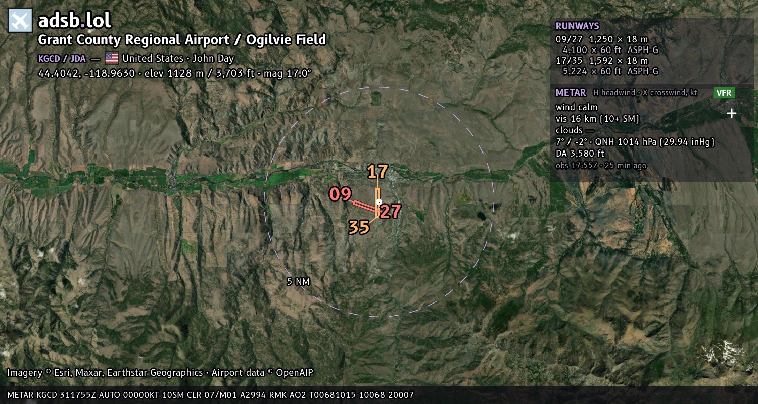 Satellite map with the runway layout of Grant County Regional Airport / Ogilvie Field (KGCD)