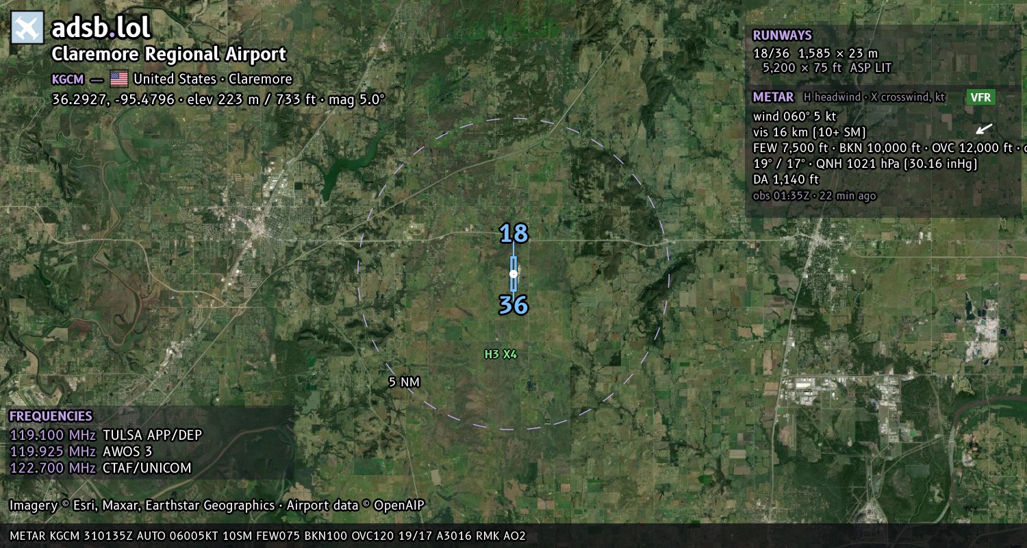 Satellite map with the runway layout of Claremore Regional Airport (KGCM)