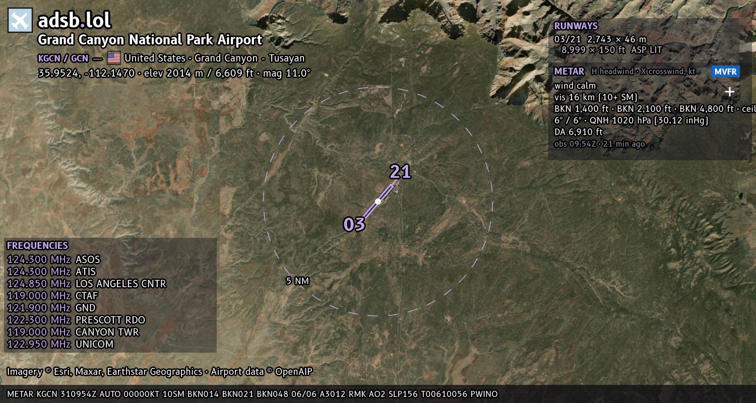 Satellite map with the runway layout of Grand Canyon National Park Airport (KGCN)