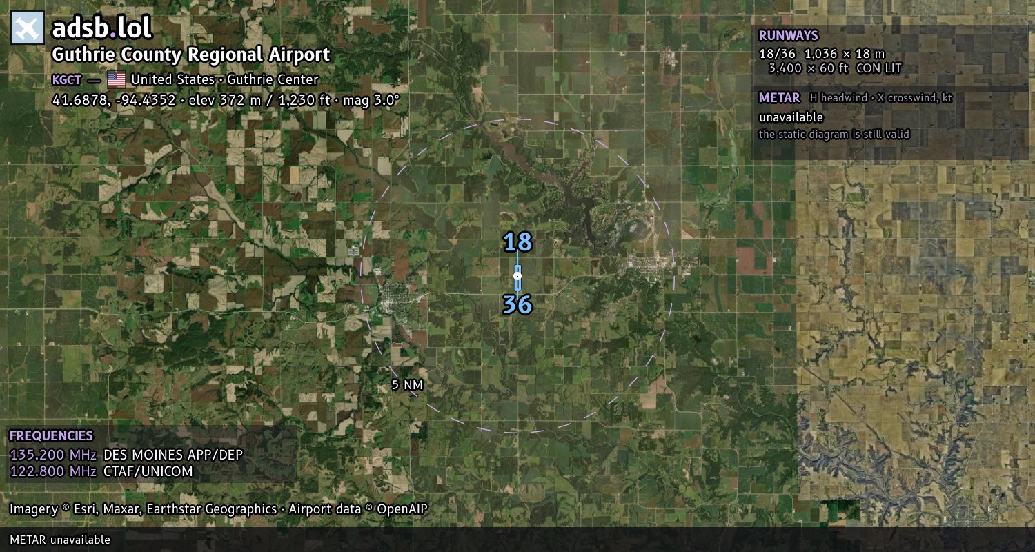 Satellite map with the runway layout of Guthrie County Regional Airport (KGCT)