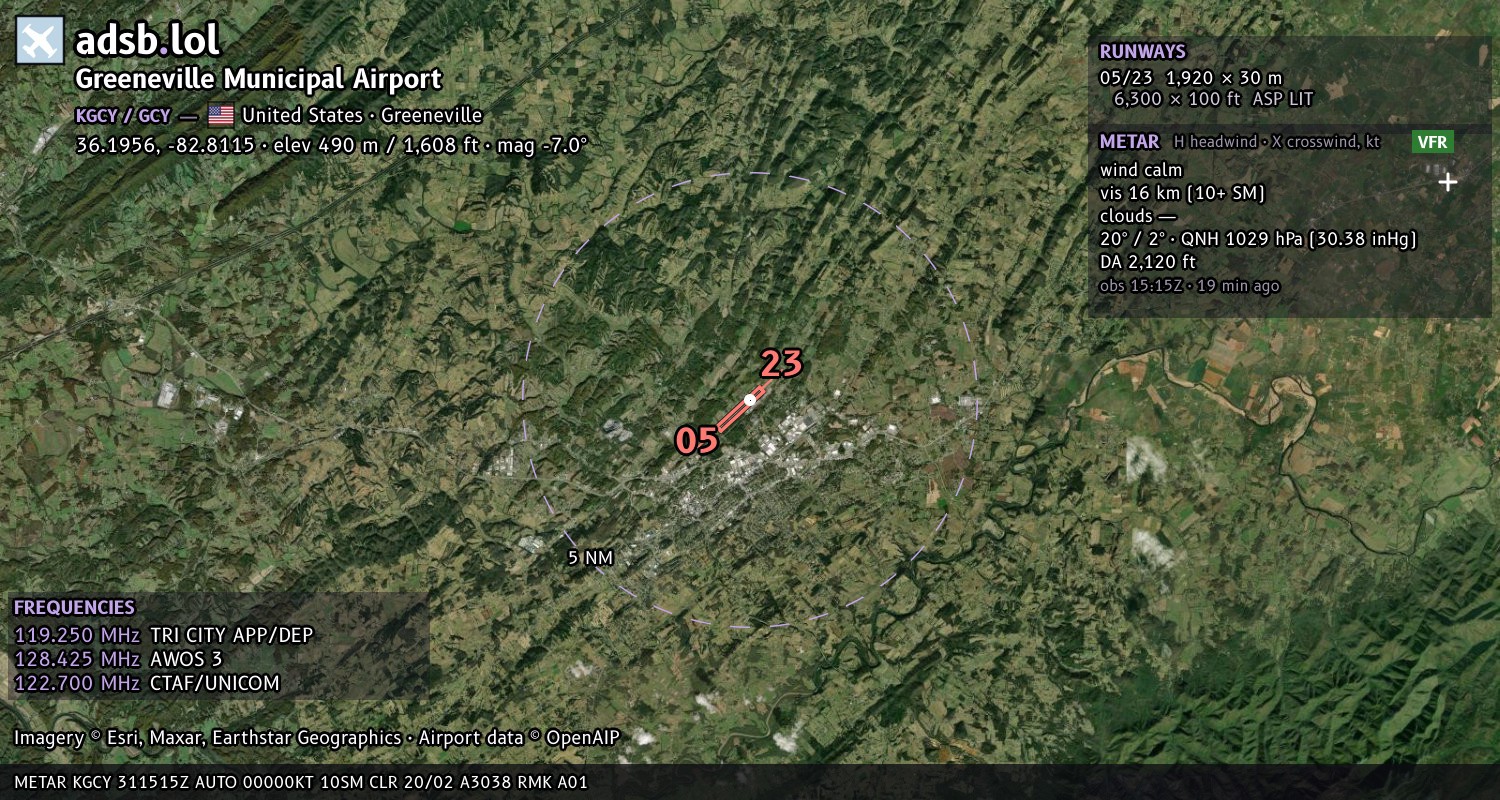 Satellite map with the runway layout of Greeneville Municipal Airport (KGCY)