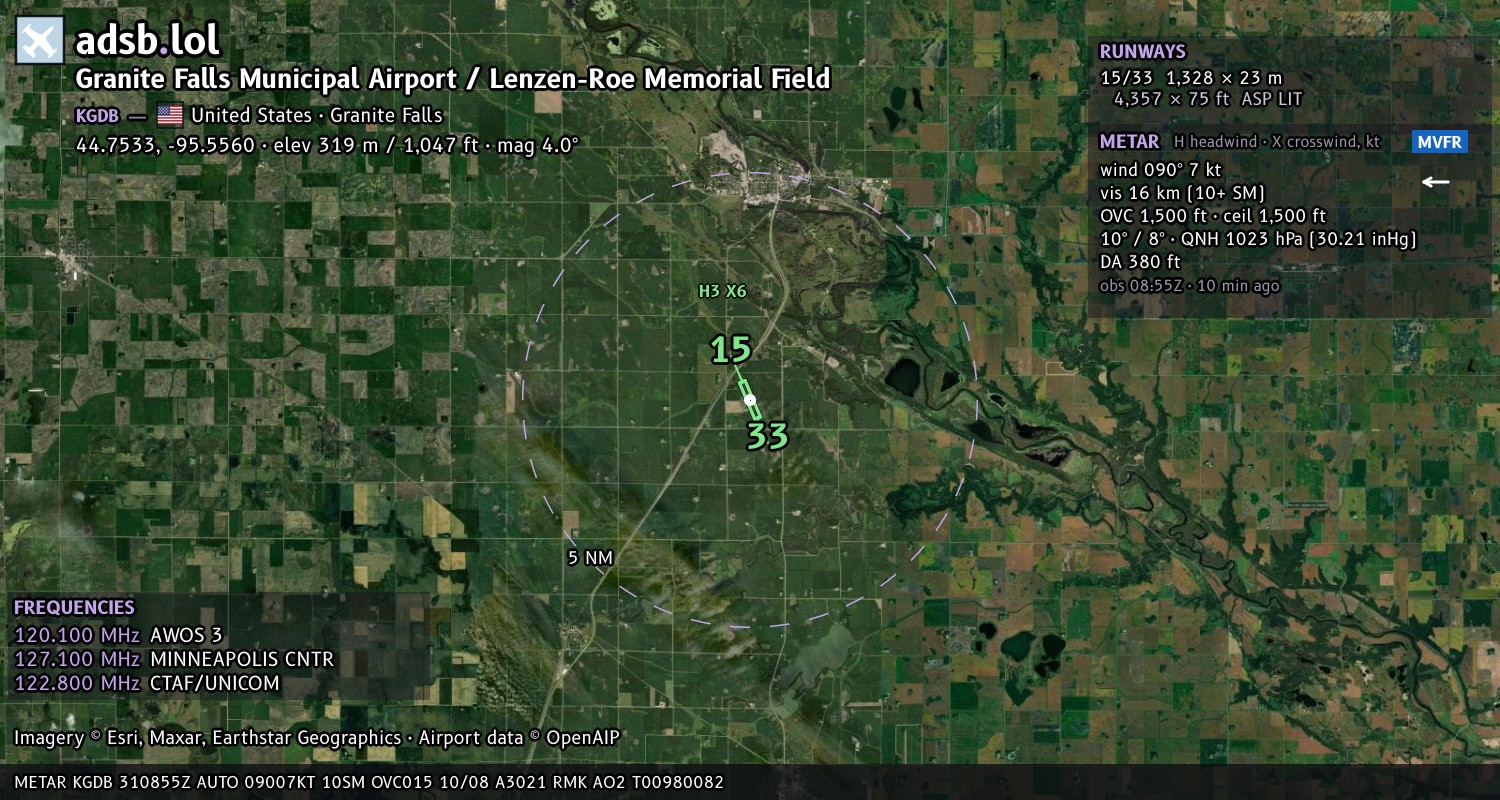 Satellite map with the runway layout of Granite Falls Municipal Airport / Lenzen-Roe Memorial Field (KGDB)