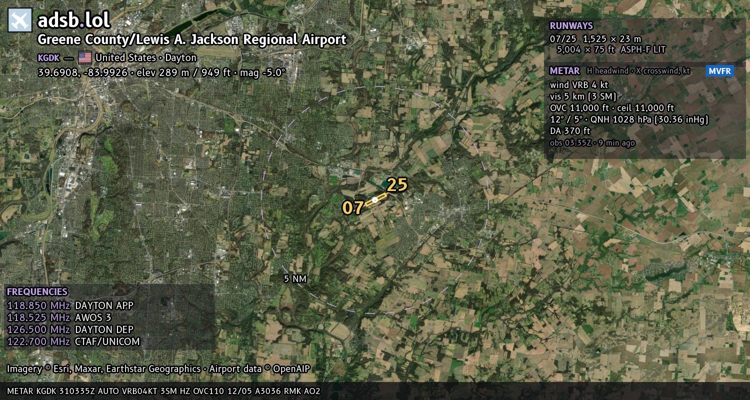 Satellite map with the runway layout of Greene County/Lewis A. Jackson Regional Airport (KGDK)