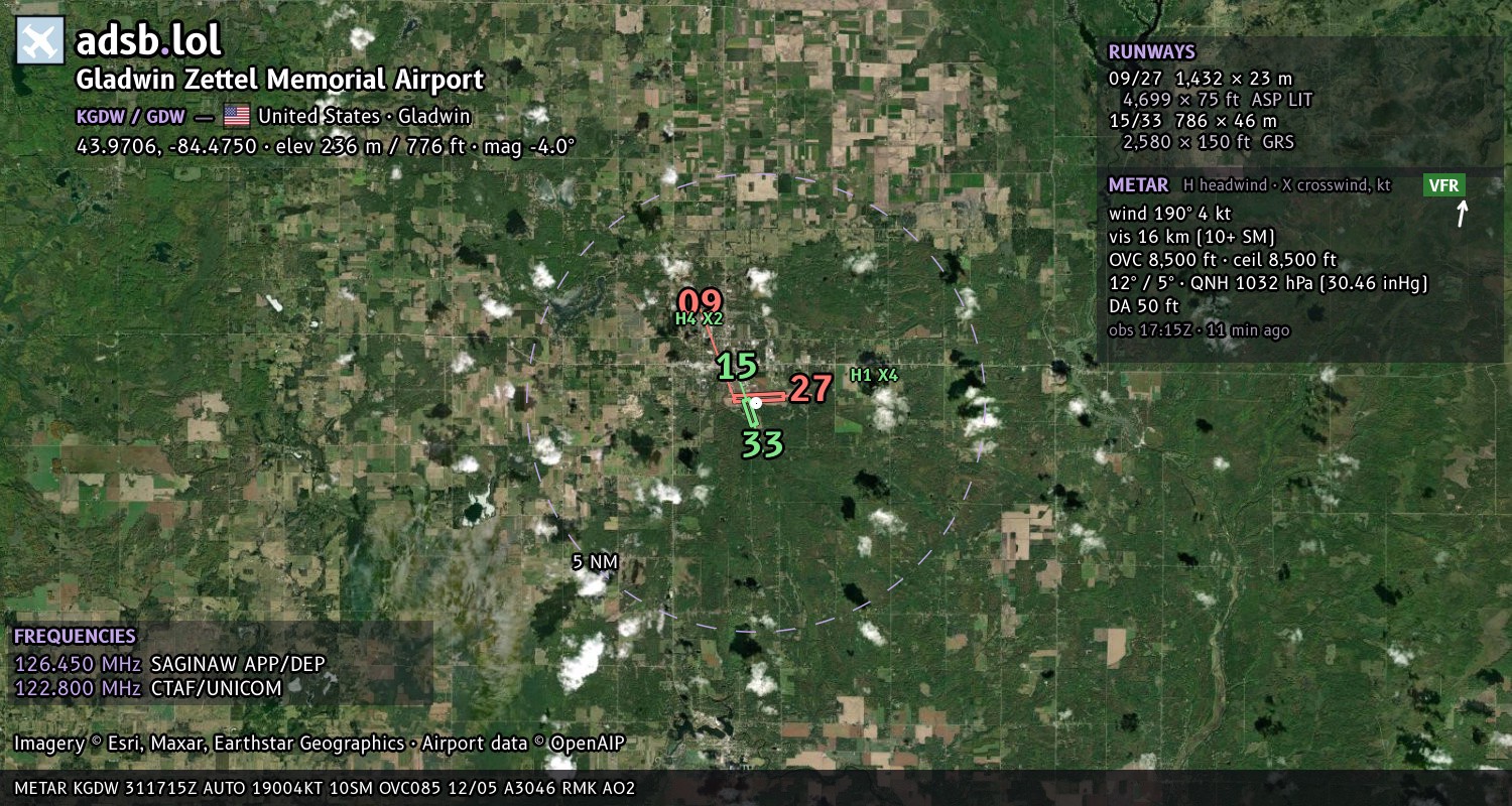Satellite map with the runway layout of Gladwin Zettel Memorial Airport (KGDW)