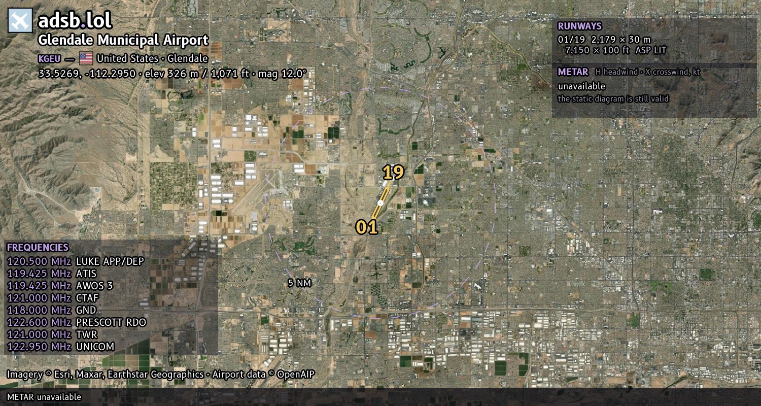 Satellite map with the runway layout of Glendale Municipal Airport (KGEU)