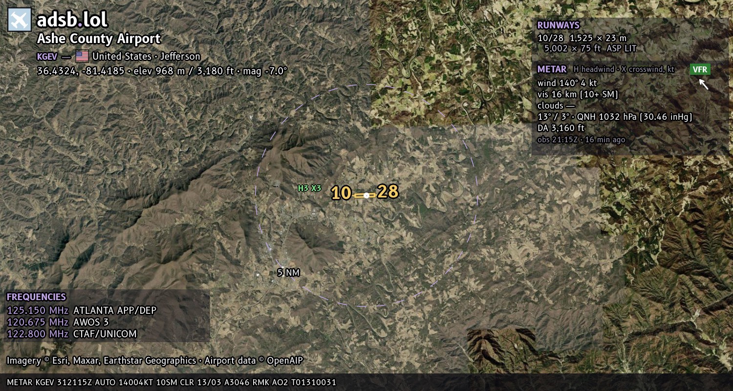 Satellite map with the runway layout of Ashe County Airport (KGEV)