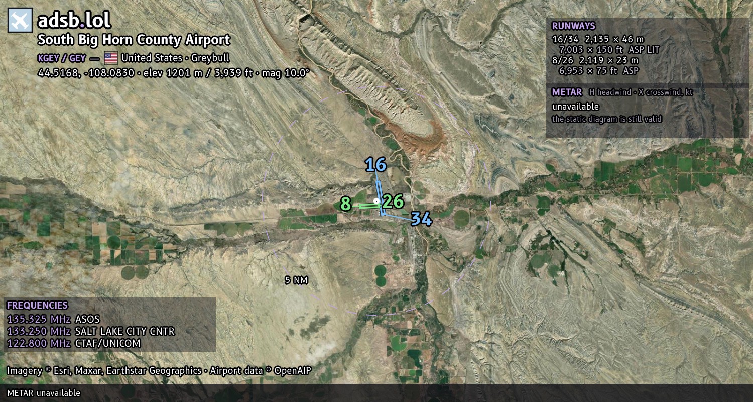 Satellite map with the runway layout of South Big Horn County Airport (KGEY)