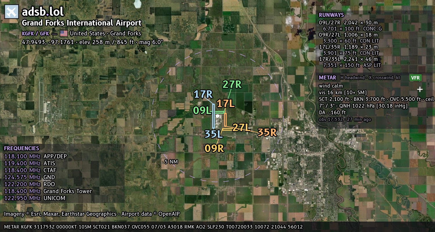 Satellite map with the runway layout of Grand Forks International Airport (KGFK)