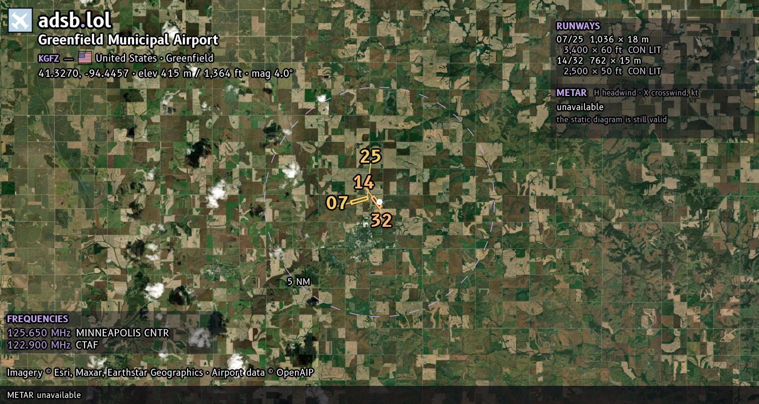 Satellite map with the runway layout of Greenfield Municipal Airport (KGFZ)