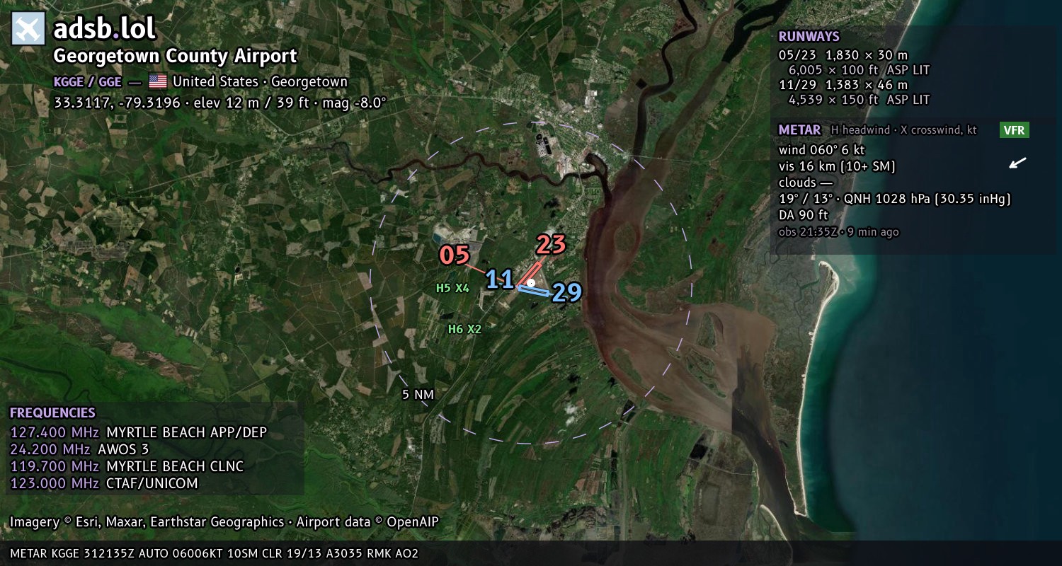 Satellite map with the runway layout of Georgetown County Airport (KGGE)