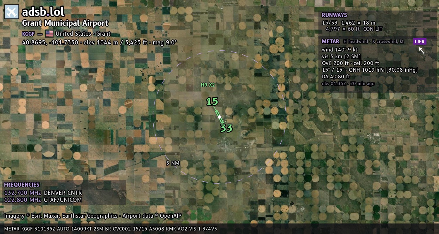 Satellite map with the runway layout of Grant Municipal Airport (KGGF)