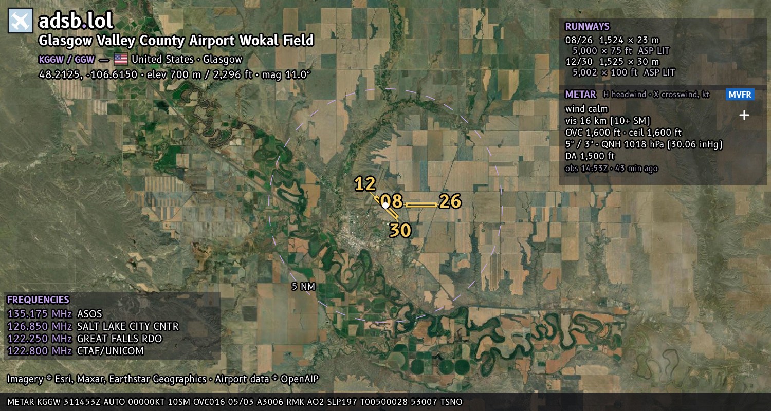 Satellite map with the runway layout of Glasgow Valley County Airport Wokal Field (KGGW)