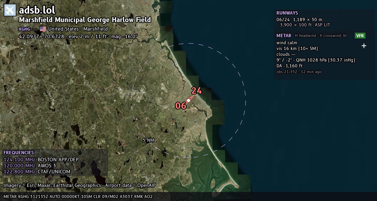 Satellite map with the runway layout of Marshfield Municipal George Harlow Field (KGHG)