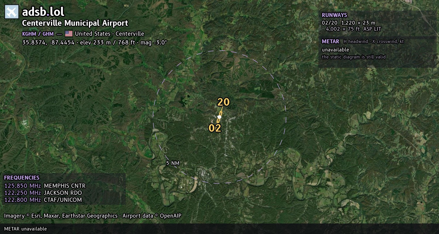 Satellite map with the runway layout of Centerville Municipal Airport (KGHM)
