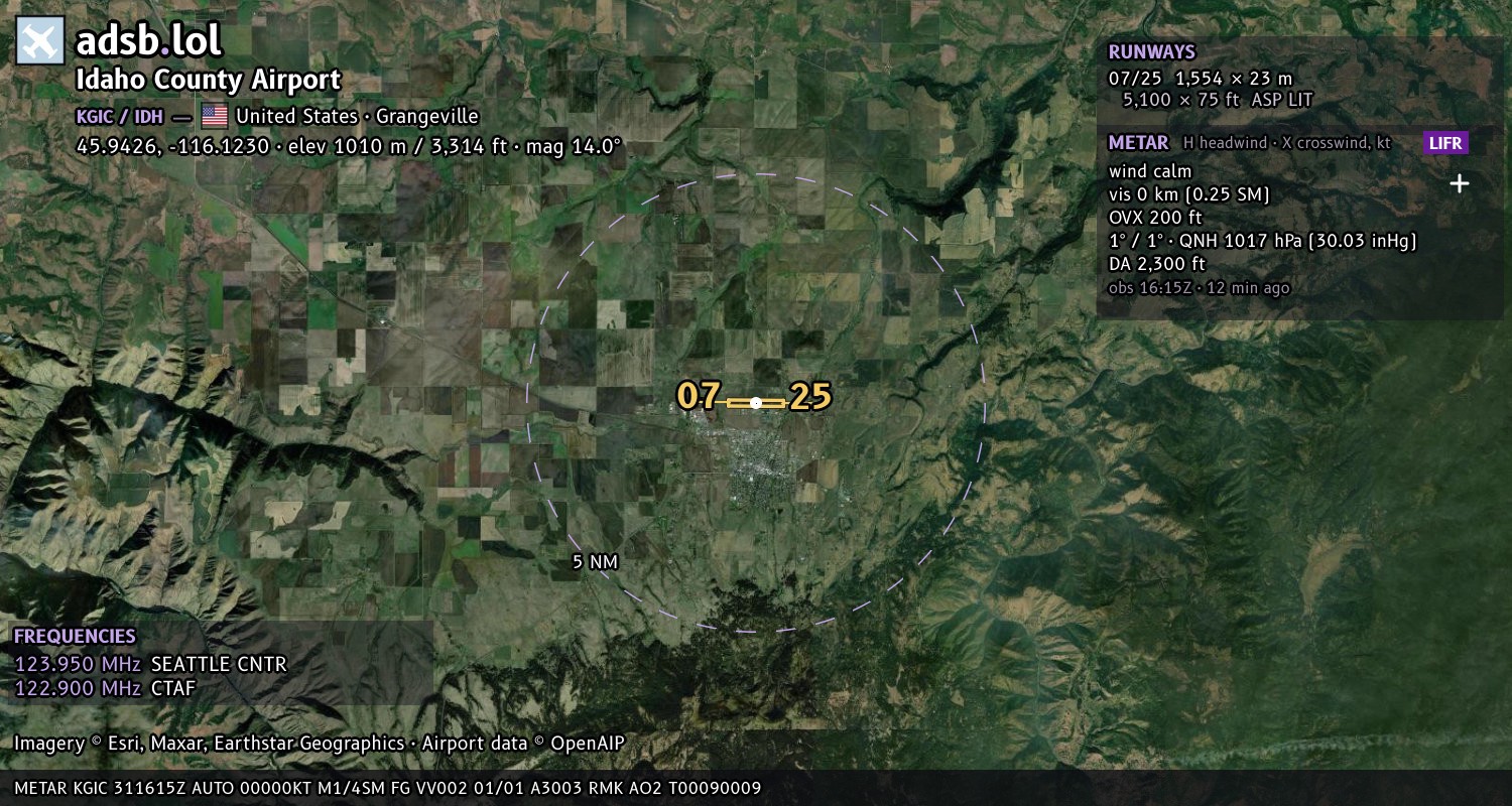 Satellite map with the runway layout of Idaho County Airport (KGIC)