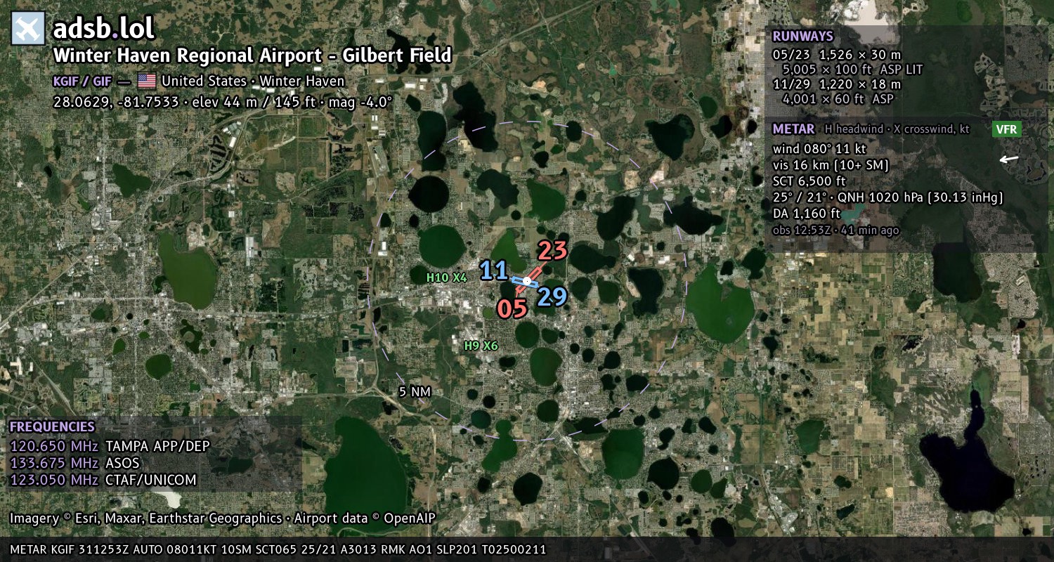 Satellite map with the runway layout of Winter Haven Regional Airport - Gilbert Field (KGIF)