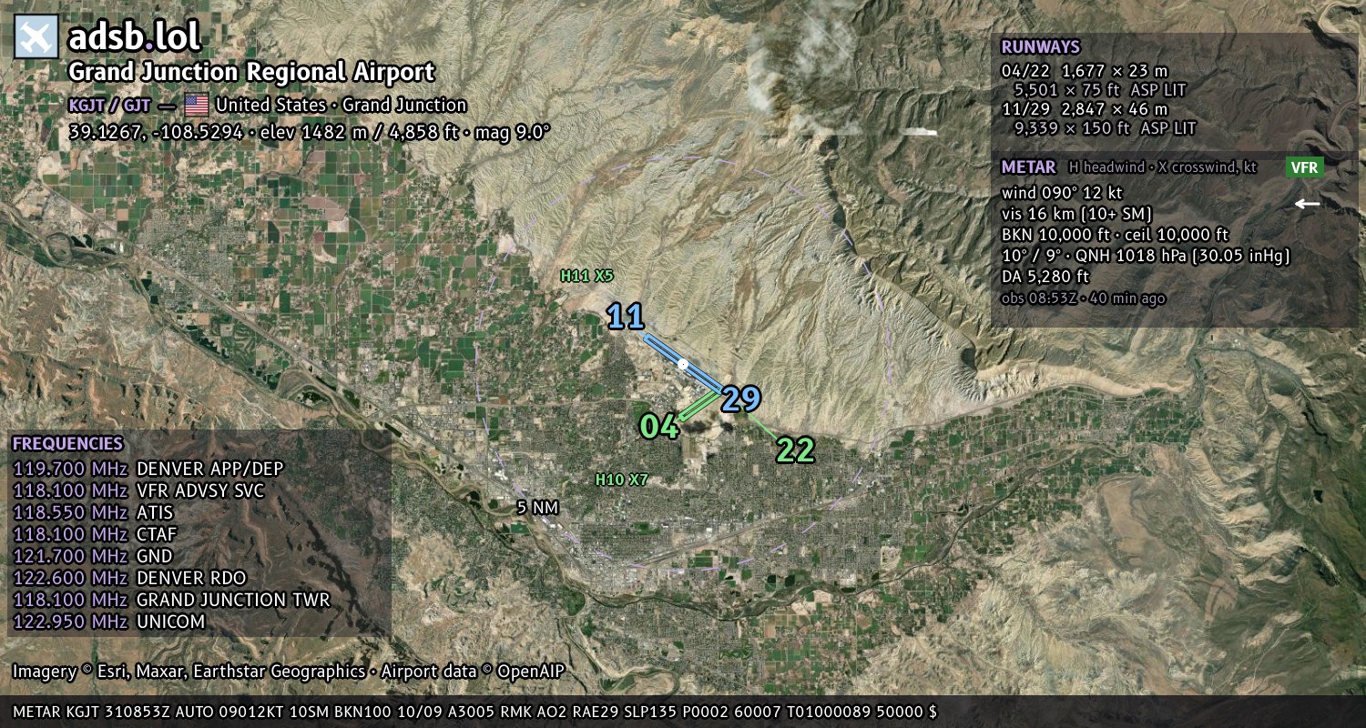 Satellite map with the runway layout of Grand Junction Regional Airport (KGJT)