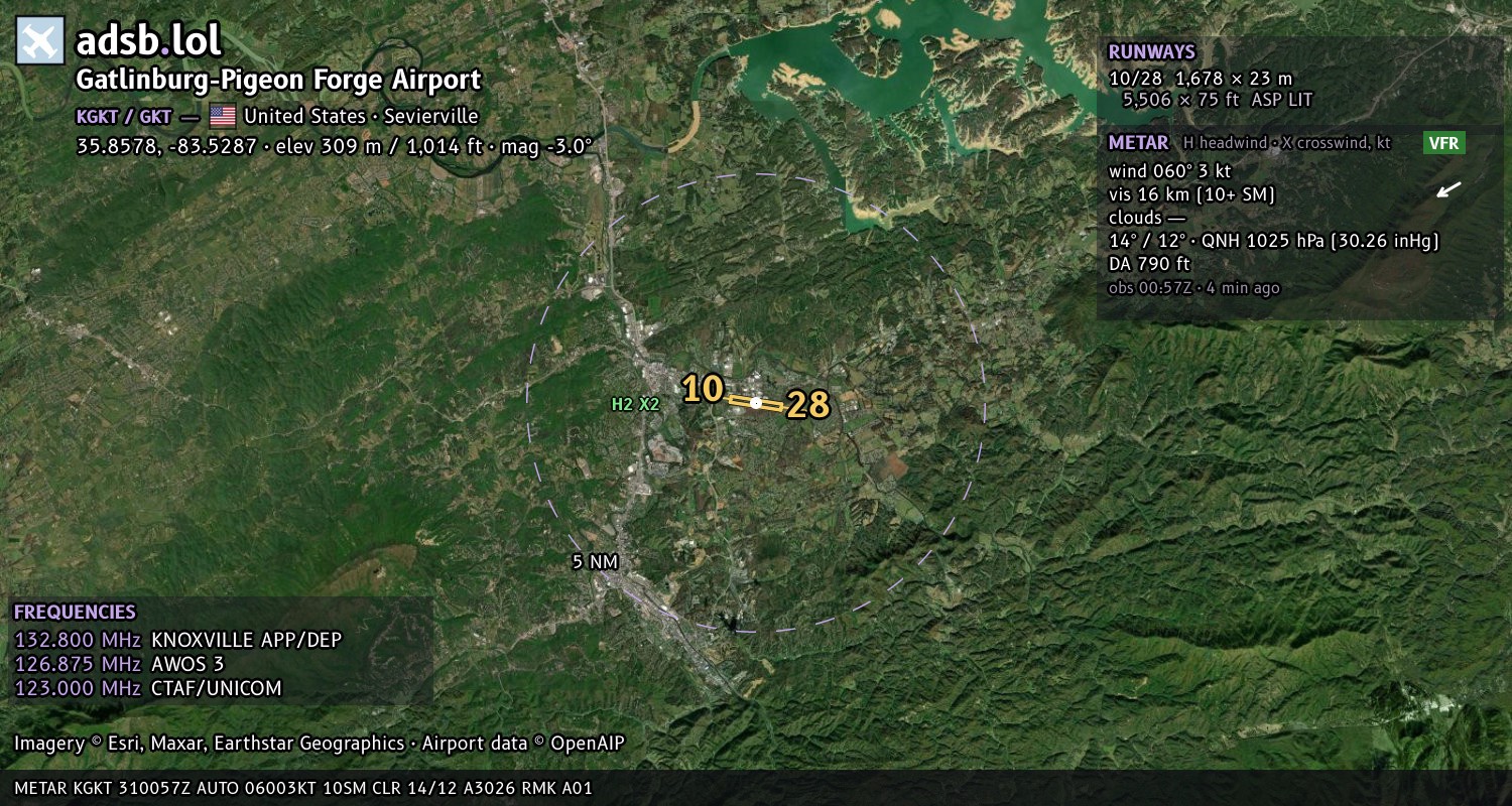 Satellite map with the runway layout of Gatlinburg-Pigeon Forge Airport (KGKT)