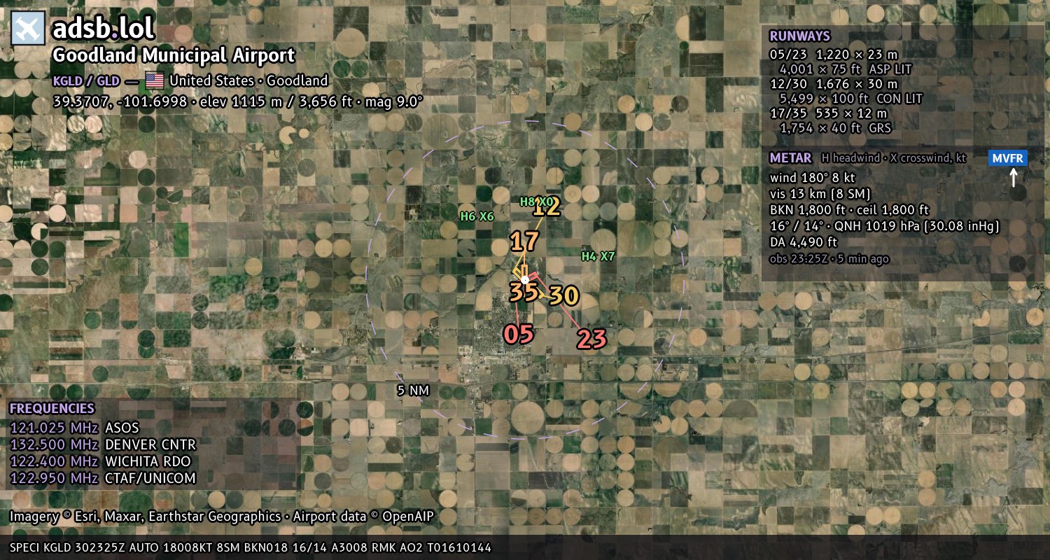 Satellite map with the runway layout of Goodland Municipal Airport (KGLD)