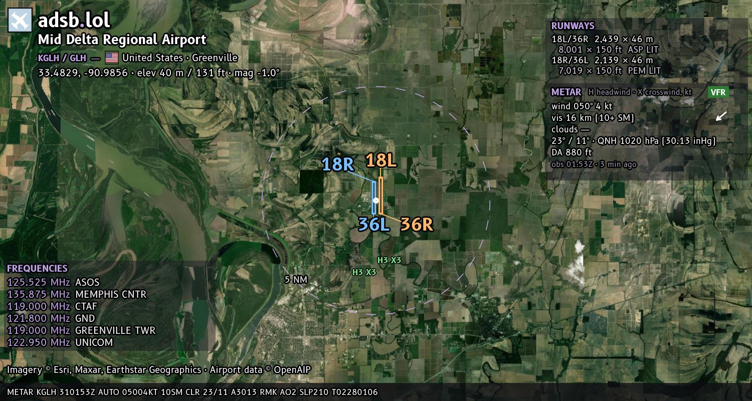 Satellite map with the runway layout of Mid Delta Regional Airport (KGLH)