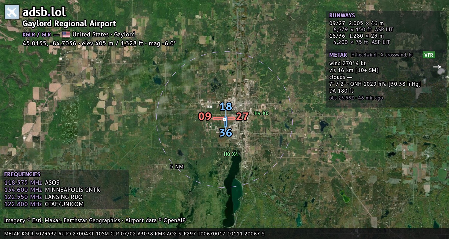 Satellite map with the runway layout of Gaylord Regional Airport (KGLR)