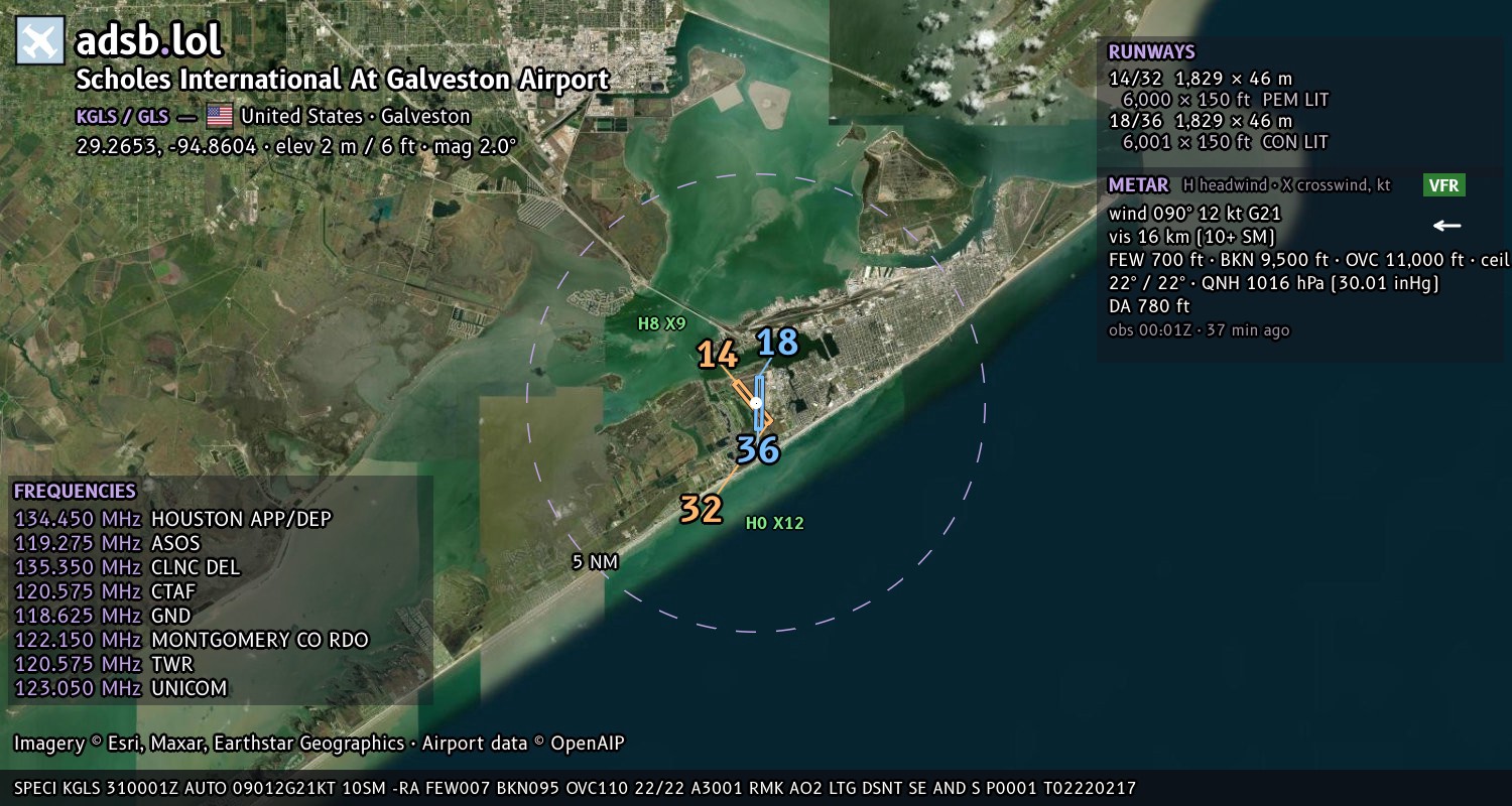 Satellite map with the runway layout of Scholes International At Galveston Airport (KGLS)