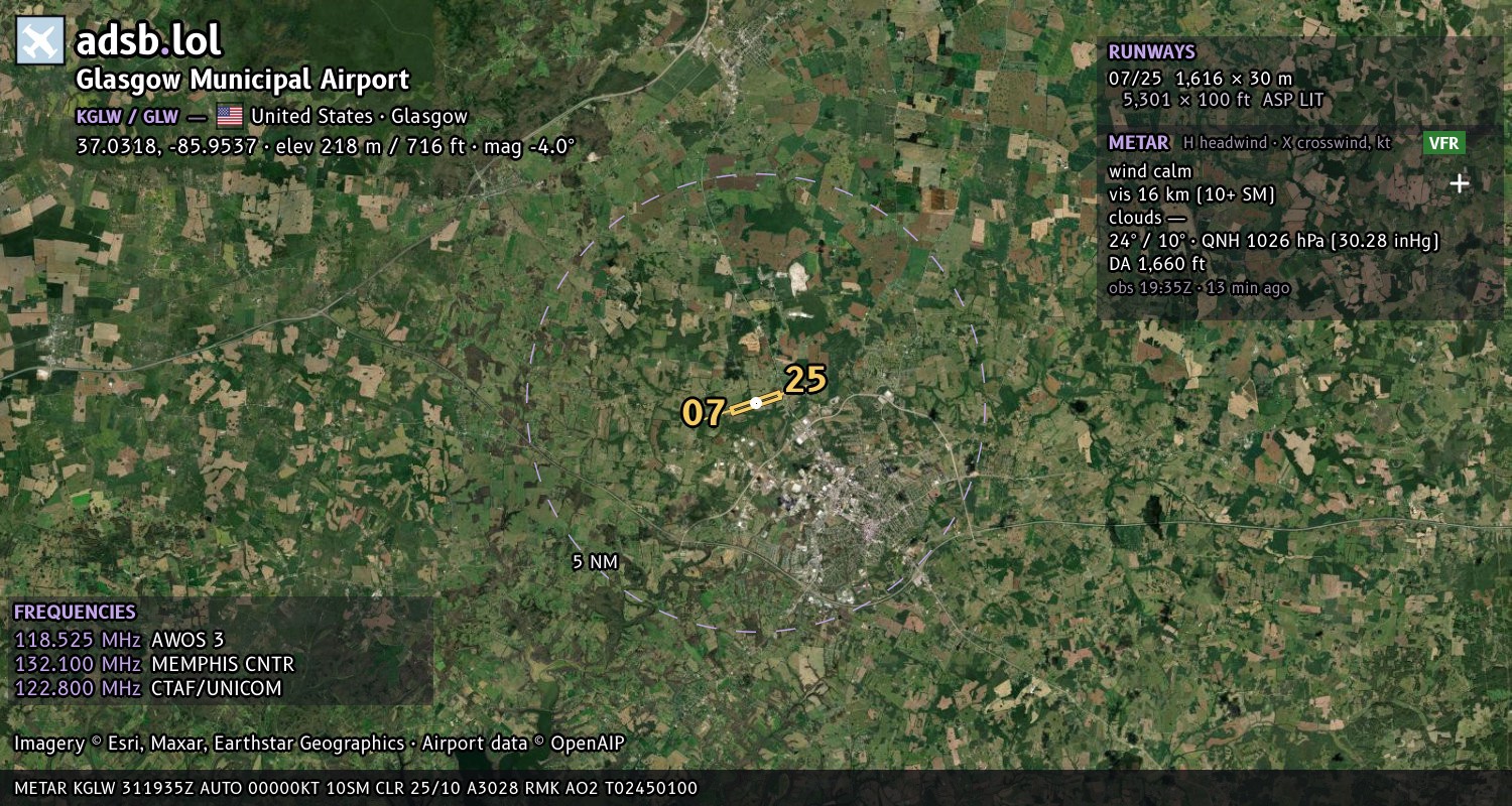Satellite map with the runway layout of Glasgow Municipal Airport (KGLW)