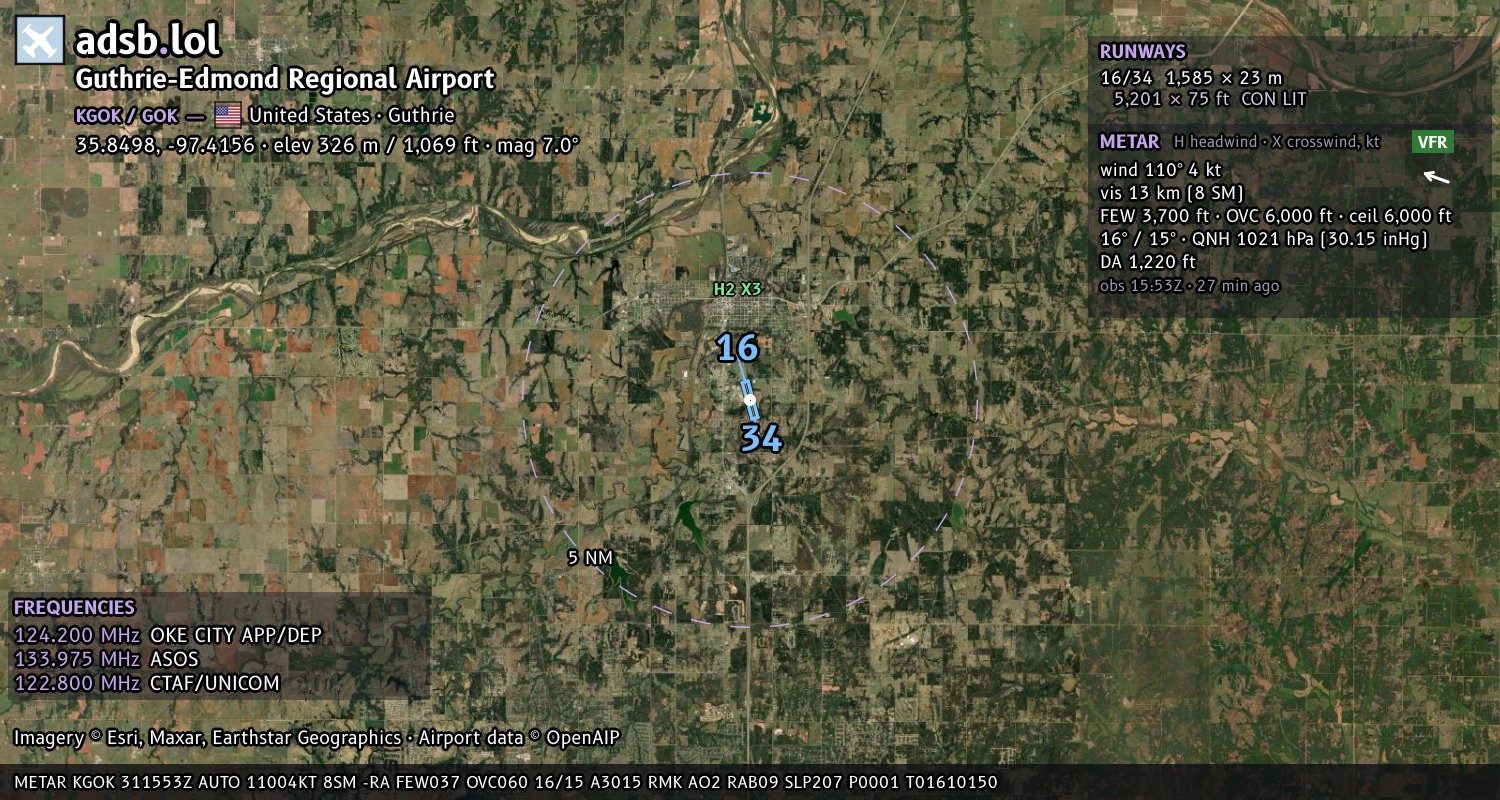 Satellite map with the runway layout of Guthrie-Edmond Regional Airport (KGOK)